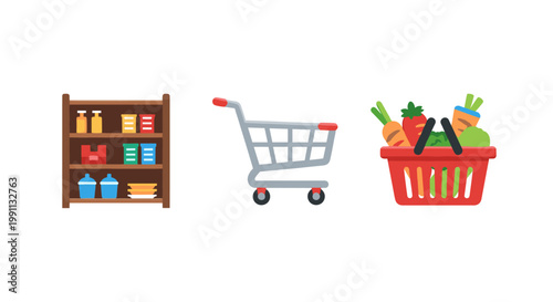 Colorful shopping cart, grocery basket, and pantry shelf icons for market themes