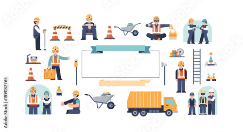 Construction worker icons set with cartoon elements and equipment in flat design