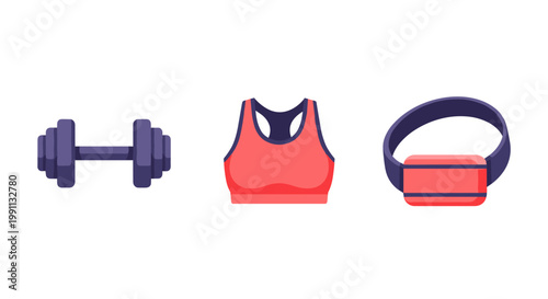 Fitness equipment icons: dumbbell, sports bra, and waist pouch in modern flat design