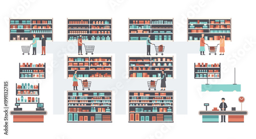 Shoppers at a grocery store with shelves and cash register in flat design