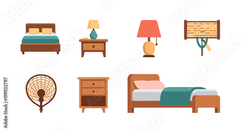 Modern minimalist bedroom furniture set with flat design lamps and decor elements