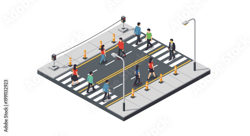 Isometric city crosswalk scene with pedestrians and traffic lights