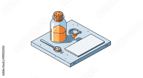 Isometric kitchen spice setup with jar and sifter on wooden surface