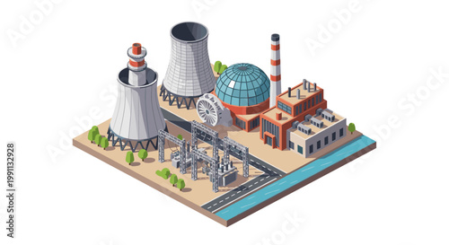 Isometric power plant with cooling towers and industrial buildings on white background