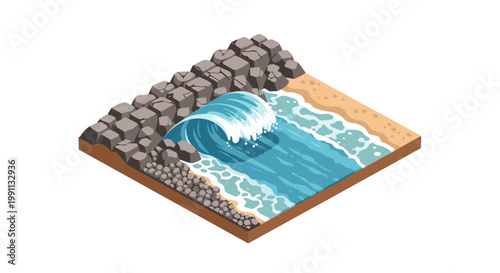 Isometric ocean wave hitting rocky shoreline with sand and foam details