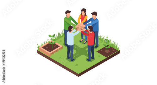 Teamwork and unity concept with people joining hands on grass platform