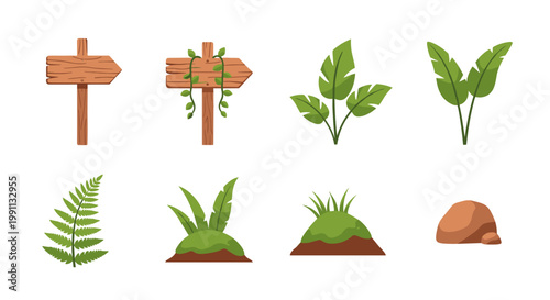 Nature elements collection: wooden signs and greenery in flat design