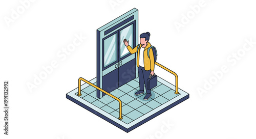 Isometric person using interactive touch screen display in public space