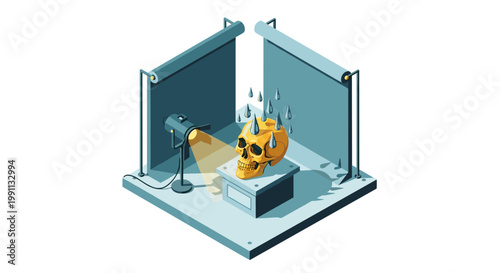 Isometric art installation with golden skull in spotlight with raindrops