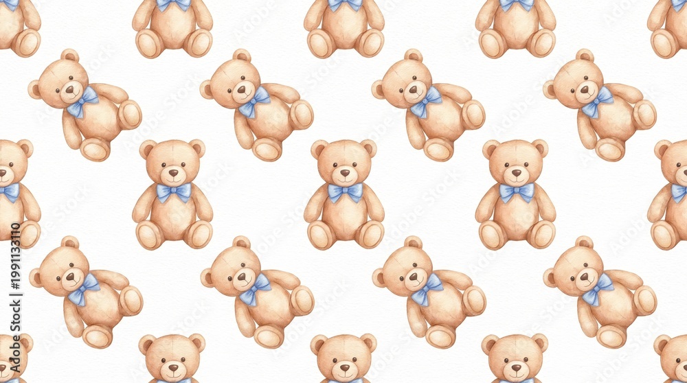Fototapeta premium Seamless watercolor pattern of cute brown teddy bears wearing blue bows on white background