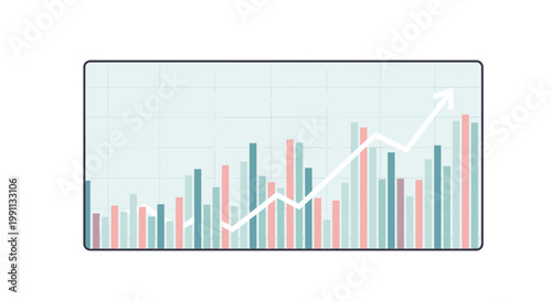 Increasing bar chart with upward arrow on grid background