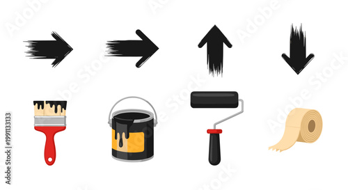 Paint tools and brush stroke icons for diy home renovation