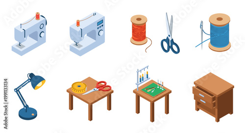 Isometric sewing equipment and tools set for crafting and tailoring projects