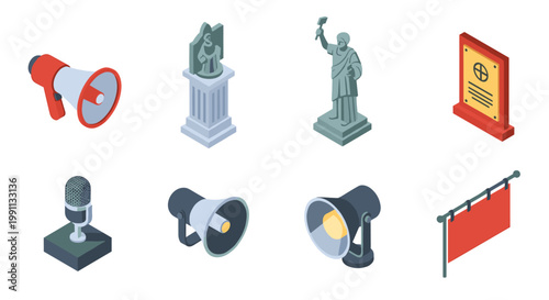 Isometric speaker and monument set: megaphone, microphone, statues, award plaque, banner