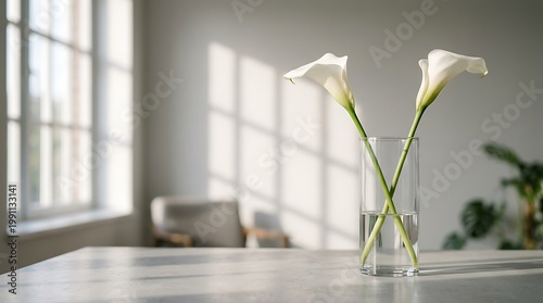 Two white calla lilies in a glass vase on a table in a bright room with windows