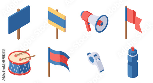 Isometric collection of protest and announcement icons with flags and tools