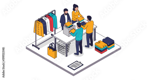 Isometric shopping scene with customers and cashier in clothing store