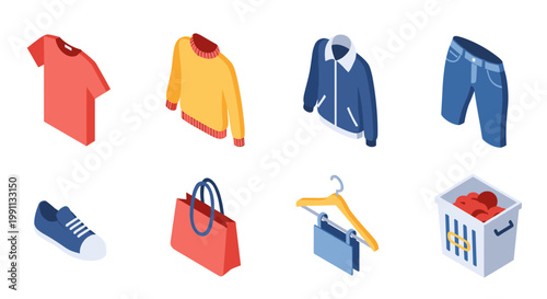 Isometric clothing and accessories icons set: casual outfits and apparel essentials