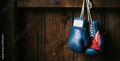 Vintage blue and red boxing gloves hanging from a rustic wooden wall as a symbol of combat and athletic training