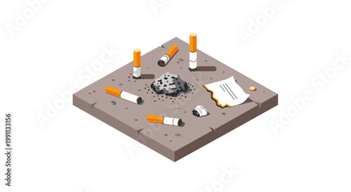 Isometric illustration of discarded cigarette butts and trash on pavement