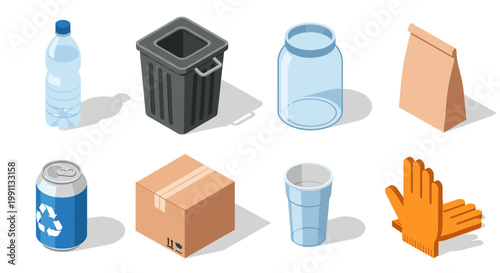 Waste management icons: recycling containers and trash elements in isometric design