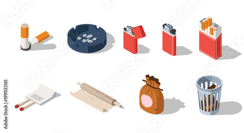 Isometric cigarette and smoking items collection with accessories