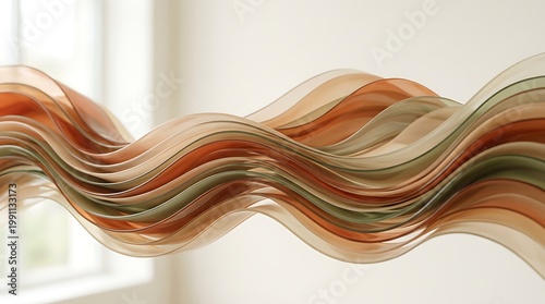 Wavy colorful translucent ribbons floating in air near window with white frame and blurred background