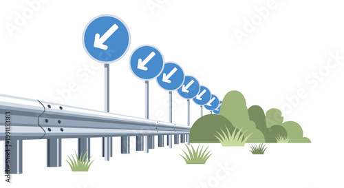 Row of blue arrow signs on road with green bushes and grass
