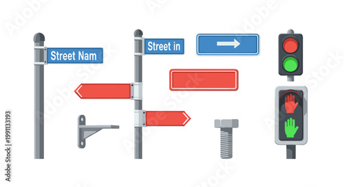 Urban street sign collection with traffic lights and directional indicators