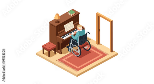Isometric pianist in wheelchair playing at home with cozy decor