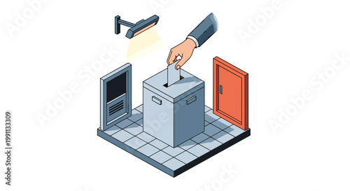 Isometric voting concept with hand casting ballot in box