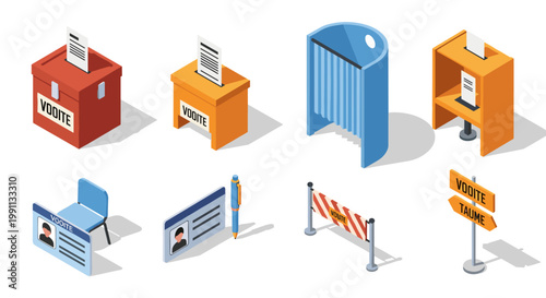 Isometric voting elements: ballot boxes, booths, id cards, and signage