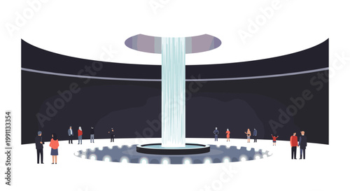 Modern indoor waterfall display with observers in contemporary exhibition space