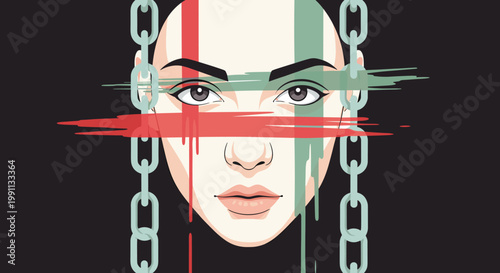 Abstract portrait with chains and bold brush strokes in contemporary style
