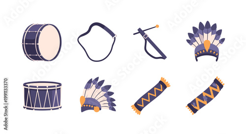Native american musical instruments and regalia in flat design