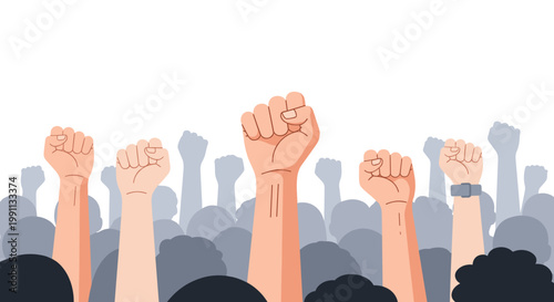 Raised fists symbolizing unity and strength in a crowd