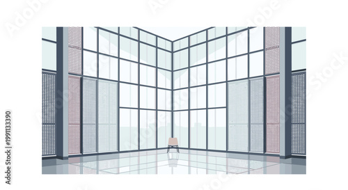 Modern interior with chair in spacious glass-walled room
