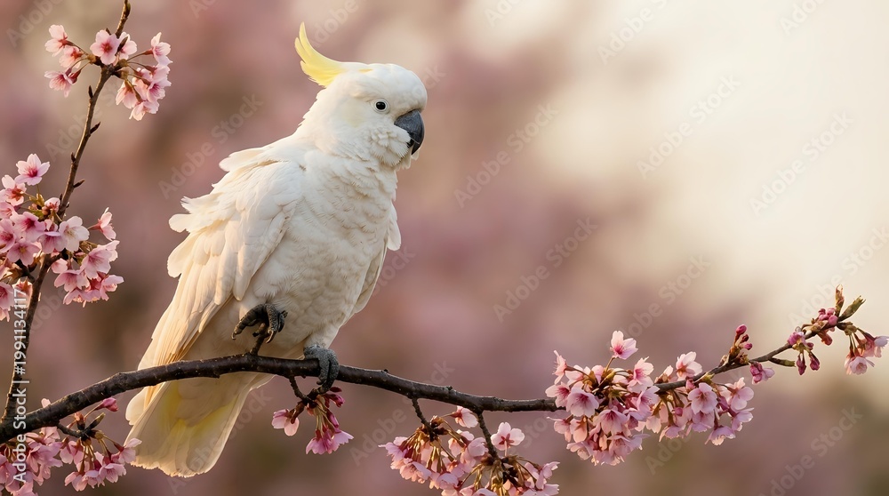Fototapeta premium White cockatoo with yellow crest perched on blooming cherry blossom branch in soft spring garden setting with pink flowers and warm bokeh background.