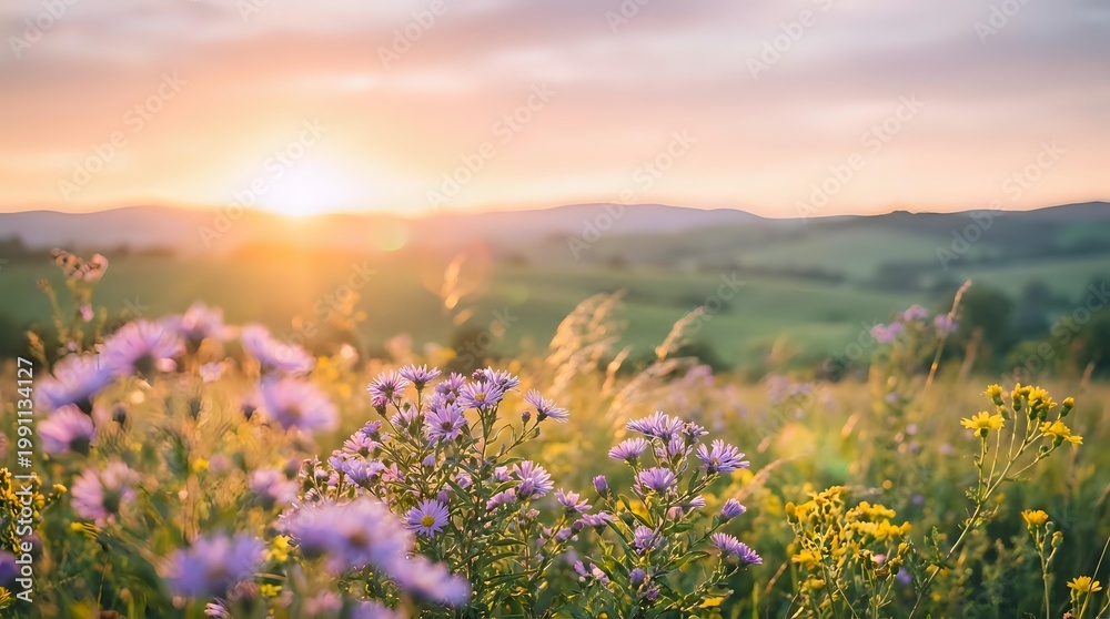 Obraz premium Wildflowers bloom in golden sunset light across rolling countryside meadow with purple and yellow blossoms creating peaceful natural landscape scene.