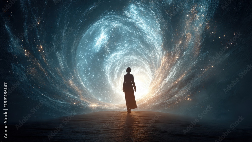Fototapeta premium Silhouette of Woman Standing in Cosmic Tunnel