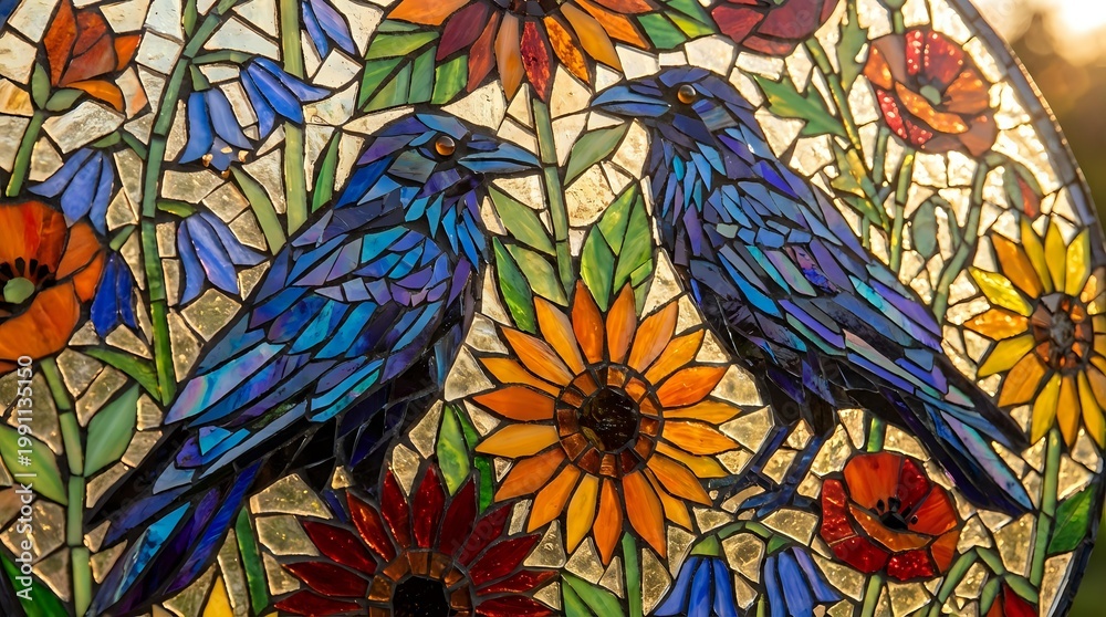 Fototapeta premium Stained glass style artwork featuring two blue ravens perched among vibrant sunflowers and wildflowers with colorful geometric patterns and warm lighting.