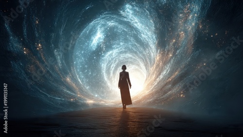 Silhouette of Woman Standing in Cosmic Tunnel
