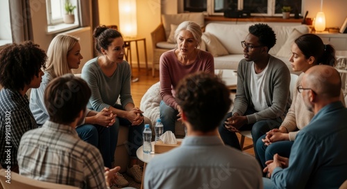 A diverse group of people sitting in a circle and engaging in a conversation in a cozy living room