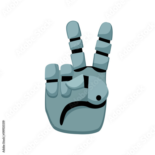 Vector illustration of a robotic hand making a peace sign. Flat mechanical symbol for victory, freedom, greeting, or positive communication.