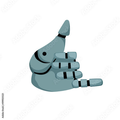 Vector illustration of a robotic hand making a shaka gesture. Flat mechanical symbol for greeting, surfing, chill mood, or friendly communication.