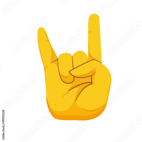 Flat vector illustration of a yellow hand showing a rock gesture with raised index finger and little finger. Symbol for music, fandom, energy, or expression.