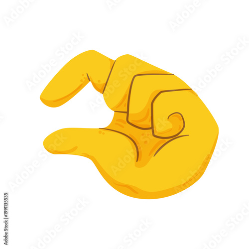 Flat vector illustration of a yellow hand showing a small size gesture with thumb and index finger. Symbol for tiny amount, measure, or comparison.