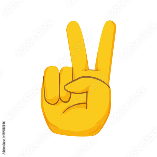 Flat vector illustration of a yellow hand showing a victory sign with two raised fingers. Gesture symbol for peace, success, agreement, or positivity.
