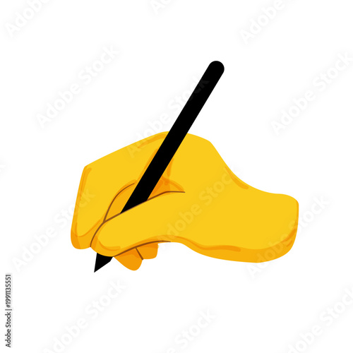 Vector illustration of a yellow hand holding a pencil and writing. Flat icon for education, note taking, school, drawing, or creative work.