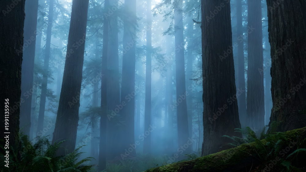 Fototapeta premium Mystical Forest Fog: Tall Trees in Ethereal Light